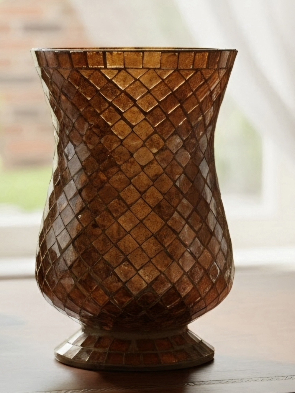 Antique Amber mosaic glass hurricane vase or candleholder 8x5 inch
